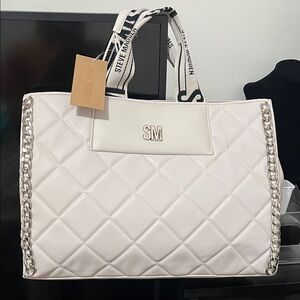 Steve Madden Cream Quilted Tote with Chain Detail